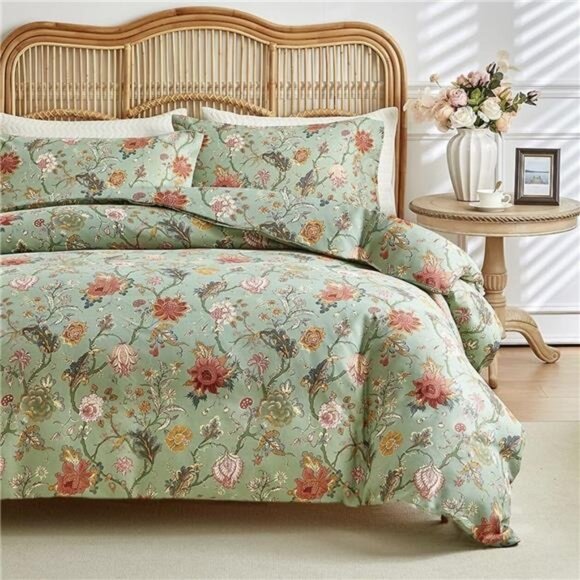 NEW Anthro Green Floral Queen / King Size Boho Retro Duvet Bedding Sham Case Set - Picture 1 of 10